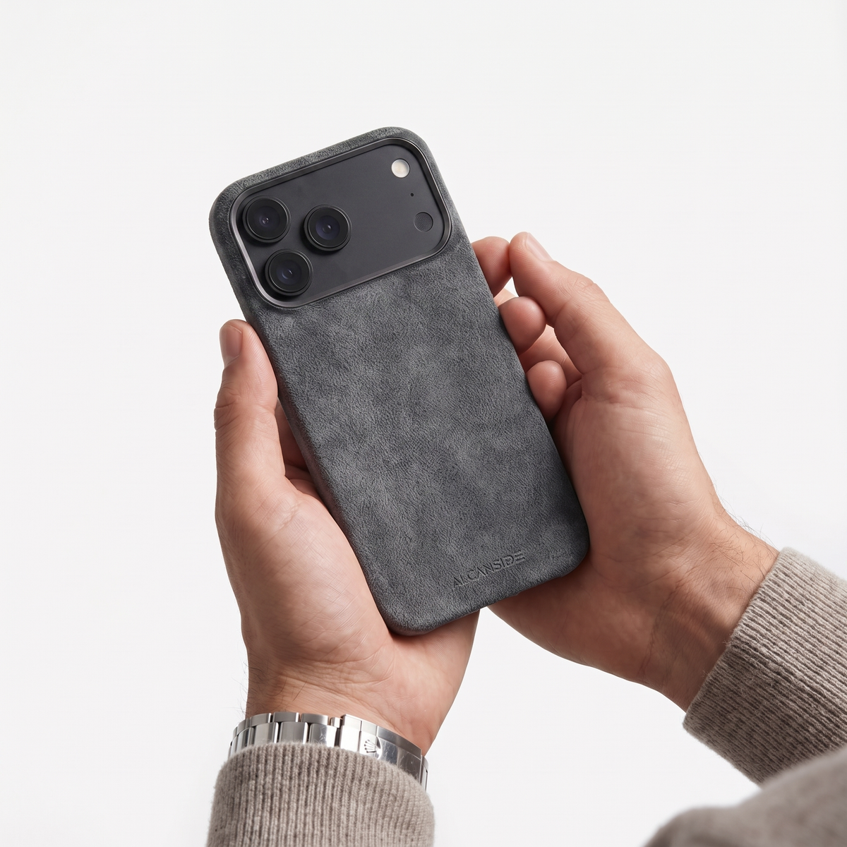 Space Grey Alcantara case for iPhone 18 Pro held in hands #iPhone model:_iPhone 18 Pro|iPhone 18 Pro Max