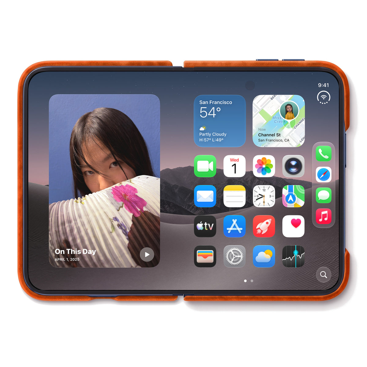 iPhone Duo unfolded in the Orange Alcantara folio case